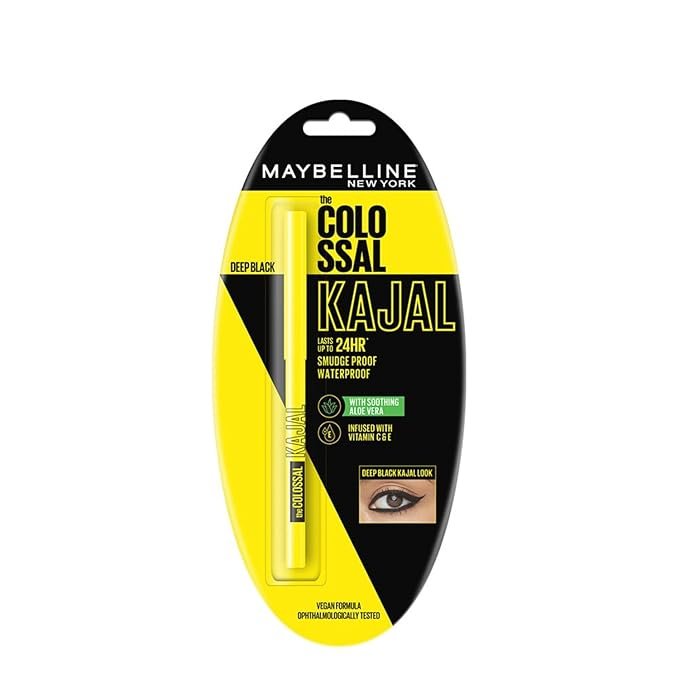 Maybelline New York Intense Colour Colossal Kajal, Black, Matte Finish, Stay Up To 24 Hours, Water-proof, Smudge Resistant, Infused With Aloe Vera & Vitamin C and Vitamin E | 0.35g