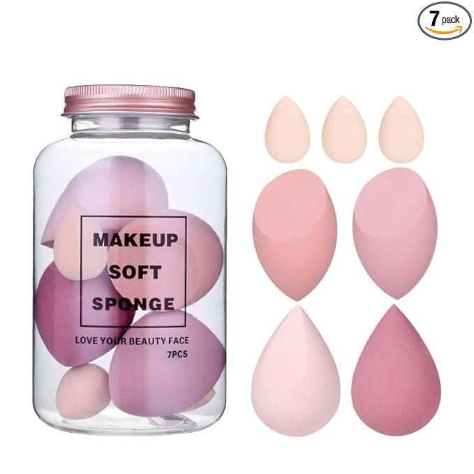 Makeup Sponge Set Beauty Blender with Egg Case, Soft Sponge For Liquid Foundation, Creams, and Powders Latex Free Wet and Dry Makeup (Multicolor 4 Big + 3 Mini -7 Pcs set)