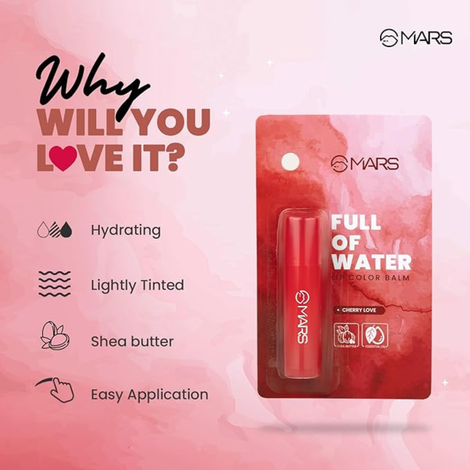 MARS Full of Water Sheer Tinted Lip Balm (4.2gm) (STRAWBERRY CRUSH) | Enriched with Shea Butter | Hydration & Moisturising | Lightweight Formula