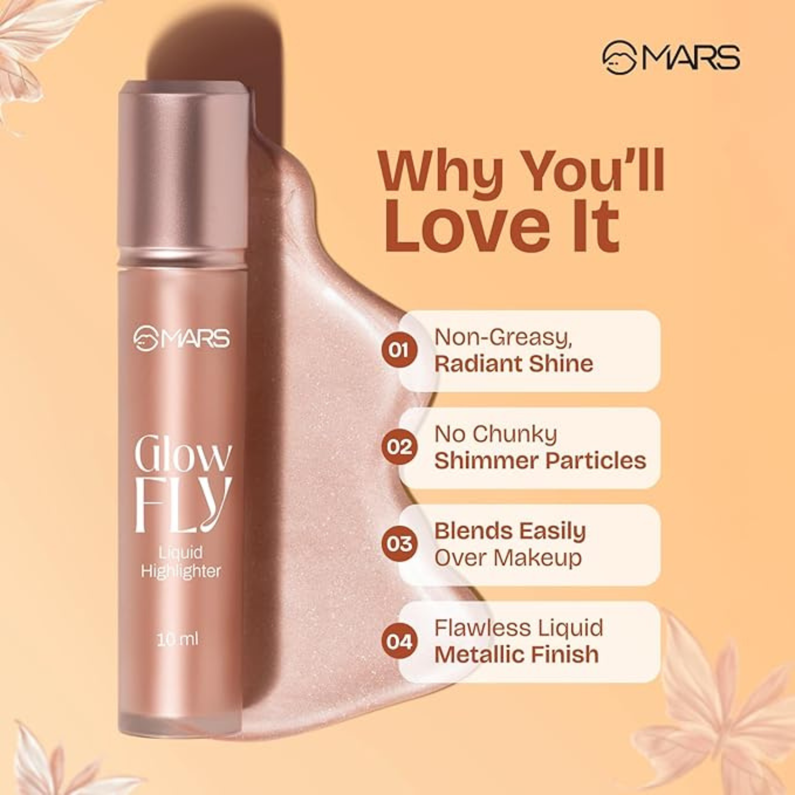 MARS Glow Fly Liquid Highlighter (10 ml) (02-WINGED CHAMPAGNE) | Enriched With Sunflower Seed Oil | Radiant Glow | No Chunky Particles | Light-Weight & Long-Lasting | Ultra Blendable Formula