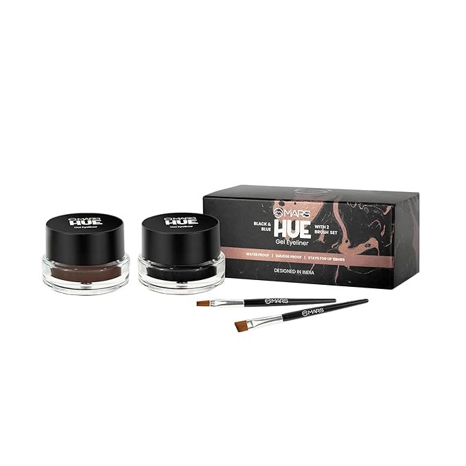 MARS 2-In-1 Hue Gel Eyeliner | Waterproof & Smudgeproof Formula | Stay Upto 24 Hours | Comes With 2 Brush Set (6.0 Gm) (Black & Blue)