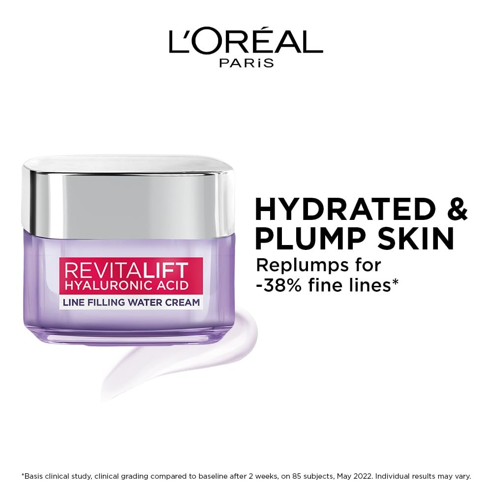 L’Oréal Paris Hyaluronic Acid Line Filling Water Cream, Moisturiser, Hyaluronic Acid for Hydration, Replumps Skin, Ceramides for Skin Barrier Repair, Reduces Fine Lines, 15ml