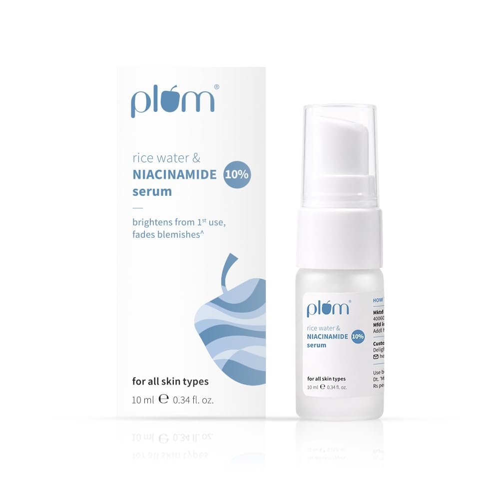 Plum 10% Niacinamide Serum with Rice Water | Provides Clear, Glowing & Brightening Skin | for Acne Prone, Combination, Oily & Sensitive Skin | Oil Control & Anti Acne Face Serum for Women & Men | 30ml