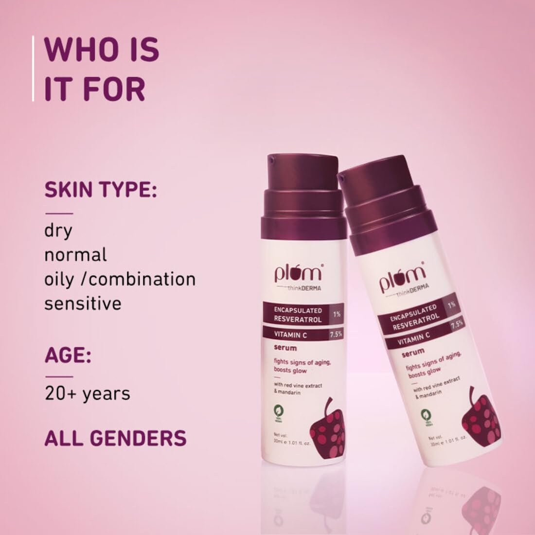 Plum 1% Encapsulated Resveratrol & 7.5% Vitamin C Face Serum | Fights Signs of Ageing | Boosts Collagen Production | Enhances Glow | Lightweight & Quick-absorbing | 100% Vegan | 30 ml - Image 2