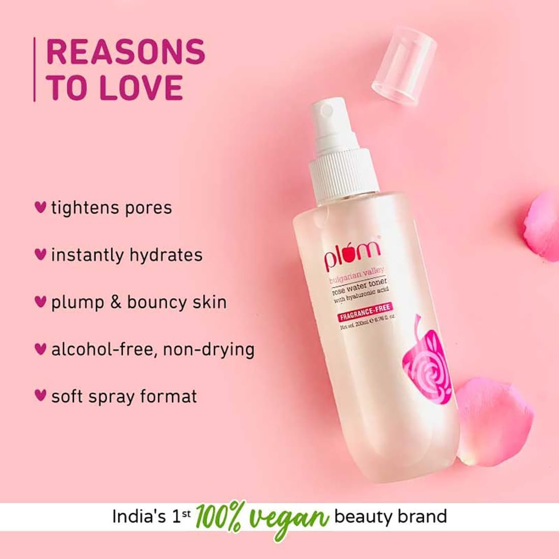 Plum Bulgarian Valley Rose Water Toner |with Hyaluronic Acid & Rose Extracts|100% Natural Rose Fragrance|Soothing and Pore Tightening | Balances Ph Levels