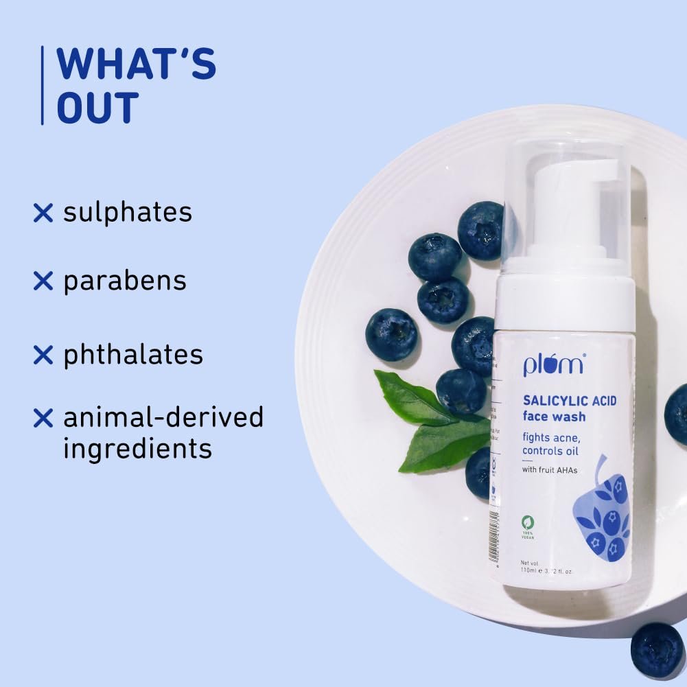 Plum 1% Encapsulated Salicylic Acid Foaming Face Wash | Fights Active Acne, controls oil & deep cleanses pores | with Glycolic Acid & Fruit AHAs | All Skin Types | Face Cleanser for Women & Men | 110ml - Image 5