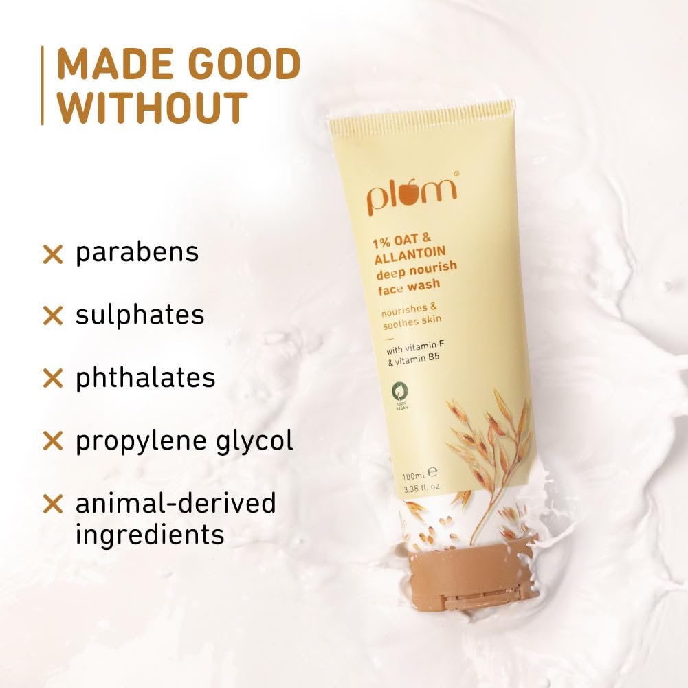 Plum 1% Oat & Allantoin Deep Nourish Face Wash For Dry,Sensitive Skin|Gentle Cleanser Vitamin B5 & F|Nourishes,Soothes & Restores Skin Barrier|Non-Drying Face Wash For Women & Men|100% Vegan|100 Ml - Image 5