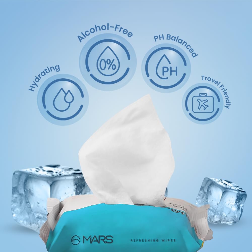 MARS Refreshing Wet Wipes for Face| Facial Cleansing | Refreshing & Skin Hydration| Soothing for skin | pH Balance & Alcohol Free | Nourishing with Fruit extract | 25 Wipes (Ice)