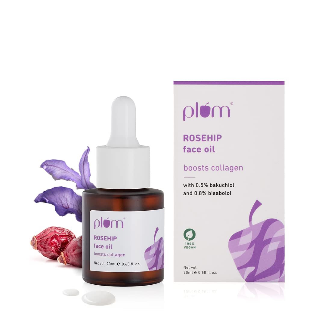 Plum Rosehip Face Oil With 0.5% Bakuchiol & 0.8% Bisabolol | Boosts Collagen for a Youthful Glow | Improves Skin Elasticity, Fine Lines & Wrinkles | Lightweight, Quick Absorbing | Suits all skin types | Fragrance-Free | 100% Vegan (20 ml)