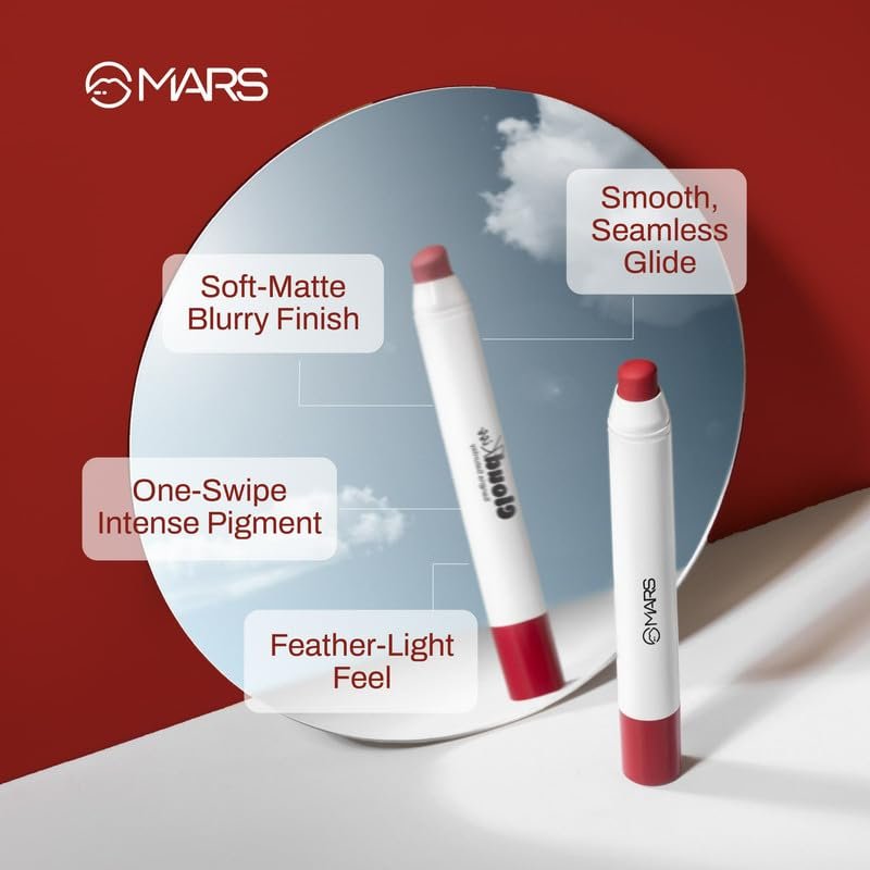 MARS Cloud Kiss Germany Formula Matte Lip Crayon (1.8gm) (16-STRAWBERRY SKIES) | Infused with Corn & Rice Starch | 8+ Hr Long-Lasting | Feather-Light Texture | Full Coverage