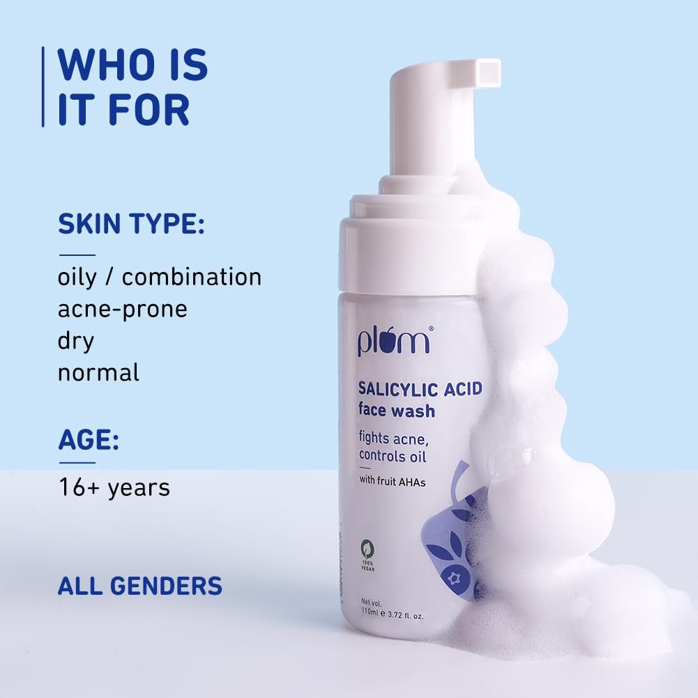 Plum 1% Encapsulated Salicylic Acid Foaming Face Wash | Fights Active Acne, controls oil & deep cleanses pores | with Glycolic Acid & Fruit AHAs | All Skin Types | Face Cleanser for Women & Men | 110ml - Image 3
