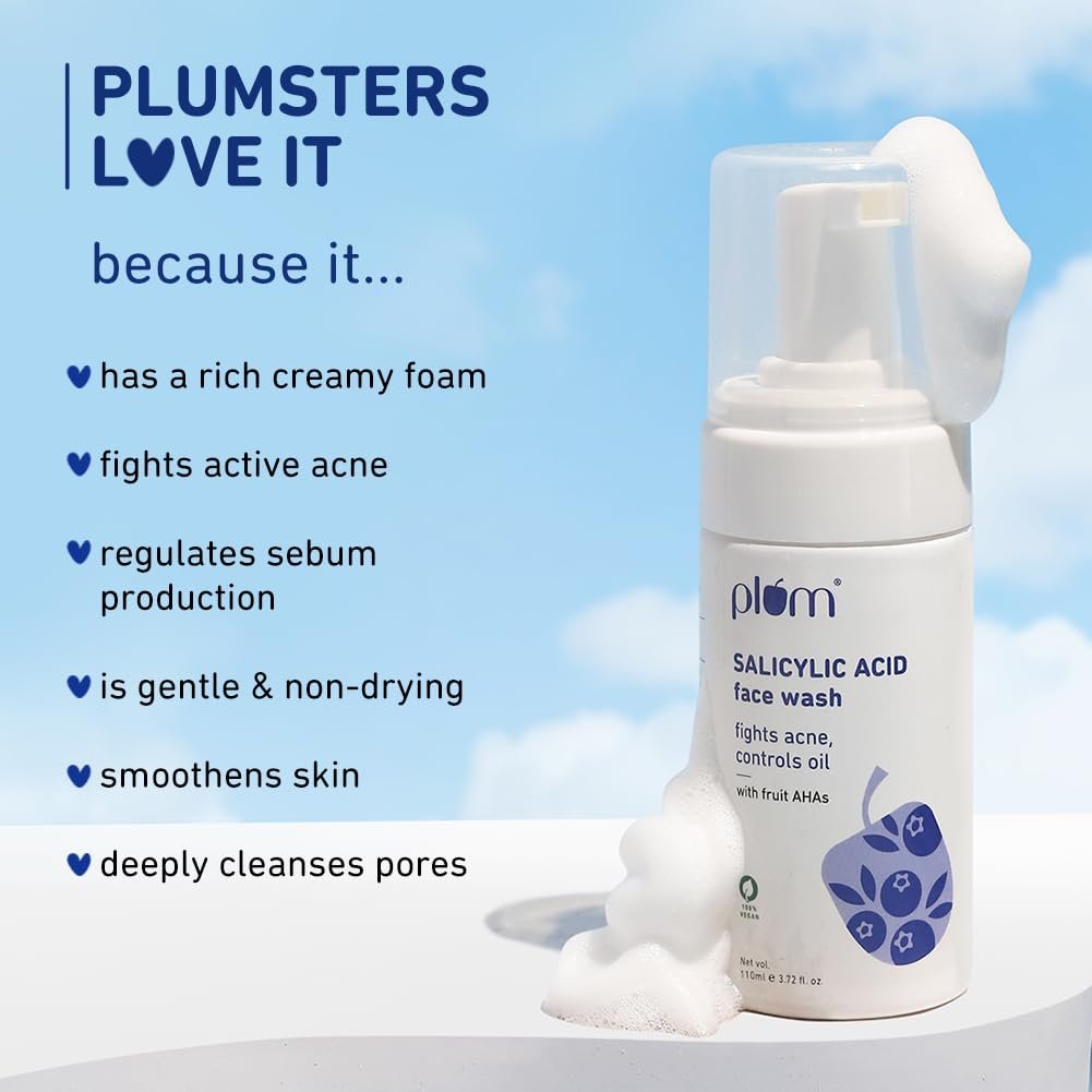 Plum 1% Encapsulated Salicylic Acid Foaming Face Wash | Fights Active Acne, controls oil & deep cleanses pores | with Glycolic Acid & Fruit AHAs | All Skin Types | Face Cleanser for Women & Men | 110ml - Image 2