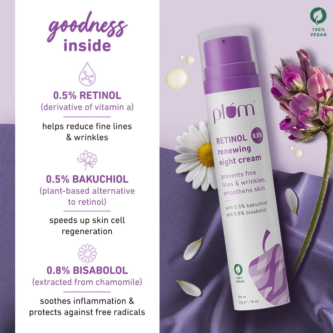 Plum 0.5% Retinol Renewing Night Cream | Prevents Fine Lines & Wrinkles | Smoothens Skin | Boosts Collagen | With Bakuchiol & Bisabolol | 100% Vegan | 50 gm - Image 2