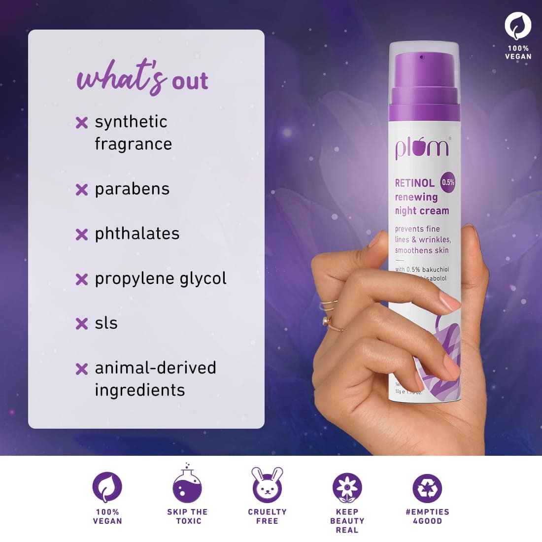 Plum 0.5% Retinol Renewing Night Cream | Prevents Fine Lines & Wrinkles | Smoothens Skin | Boosts Collagen | With Bakuchiol & Bisabolol | 100% Vegan | 50 gm - Image 5