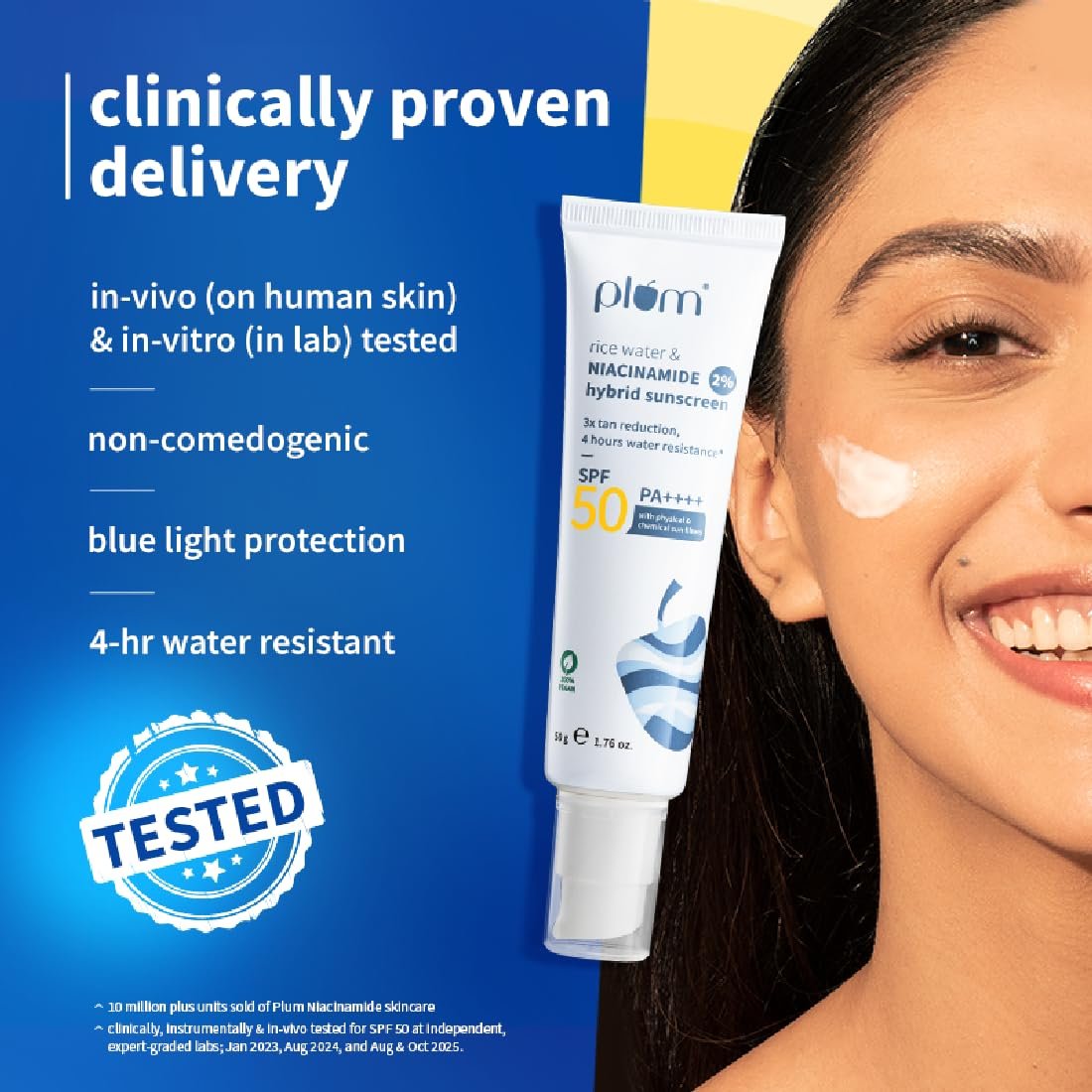 Plum SPF 50 PA++++ Sunscreen with 2% Niacinamide & Rice Water | In-Vivo Tested | Lightweight, No White Cast | Broad Spectrum UVA/UVB protection | Brightens Skin, Reduces Tan | Oily & Dry Skin | 50g - Image 3