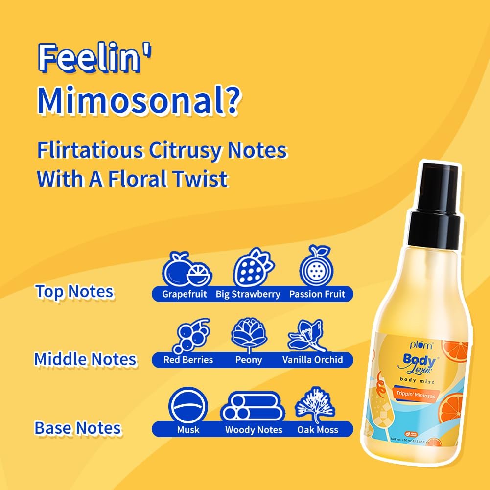 Plum BodyLovin' Trippin' Mimosas Body Mist | Long Lasting Citrus Fragrance For Women & Men With Grapefruit, Red Berries & Musk | High On Fun | Travel-Friendly Perfume Body Spray 150 ml - Image 4