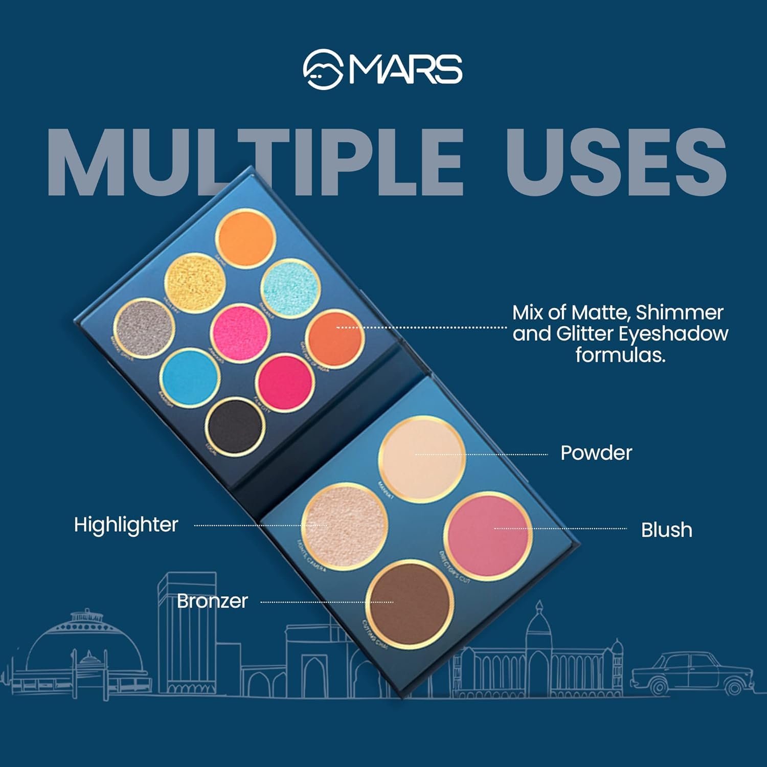 MARS The City Paradise Makeup Kit, 9 Eyeshadow Palette with Highlighter, Blusher, Bronzer, Compact Powder, Highly Pigmented, 16.0 gm (02-Delhi)
