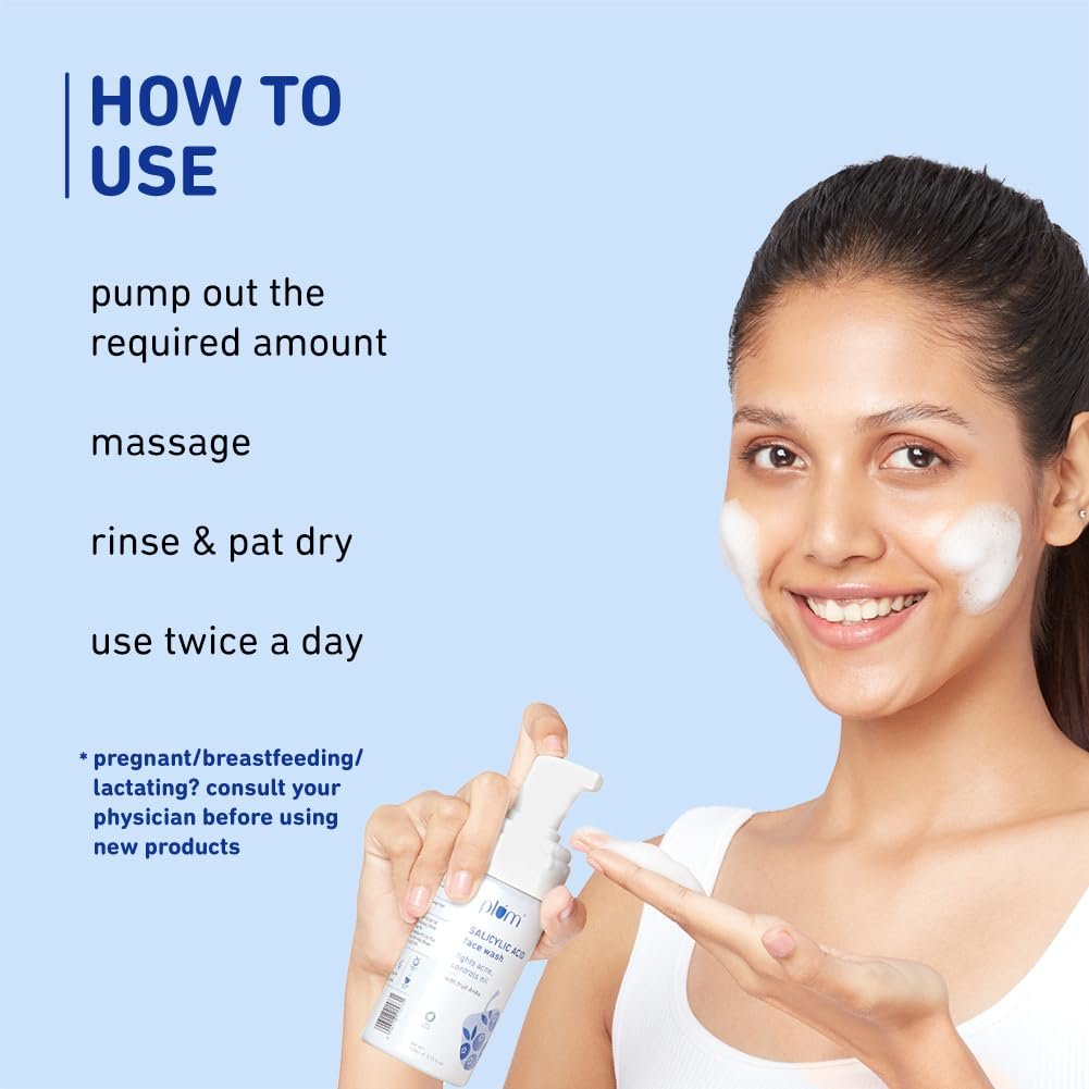 Plum 1% Encapsulated Salicylic Acid Foaming Face Wash | Fights Active Acne, controls oil & deep cleanses pores | with Glycolic Acid & Fruit AHAs | All Skin Types | Face Cleanser for Women & Men | 110ml - Image 4