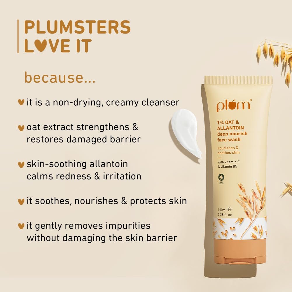 Plum 1% Oat & Allantoin Deep Nourish Face Wash For Dry,Sensitive Skin|Gentle Cleanser Vitamin B5 & F|Nourishes,Soothes & Restores Skin Barrier|Non-Drying Face Wash For Women & Men|100% Vegan|100 Ml - Image 2