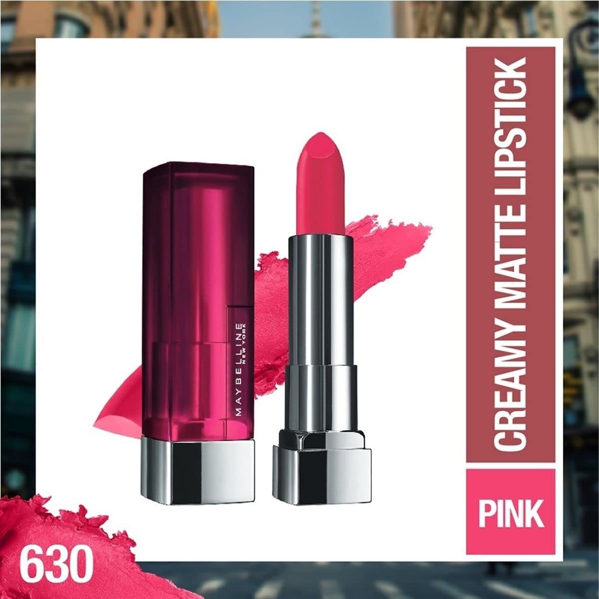 Maybelline New York Color Sensational Creamy Matte Lipstick lasts up to 12 Hours, Hydrate Lips, Rich Creamy Lipstick with Shea Butter, Available in 42 Shades – 630 Flaming Fuchsia, 3.9g