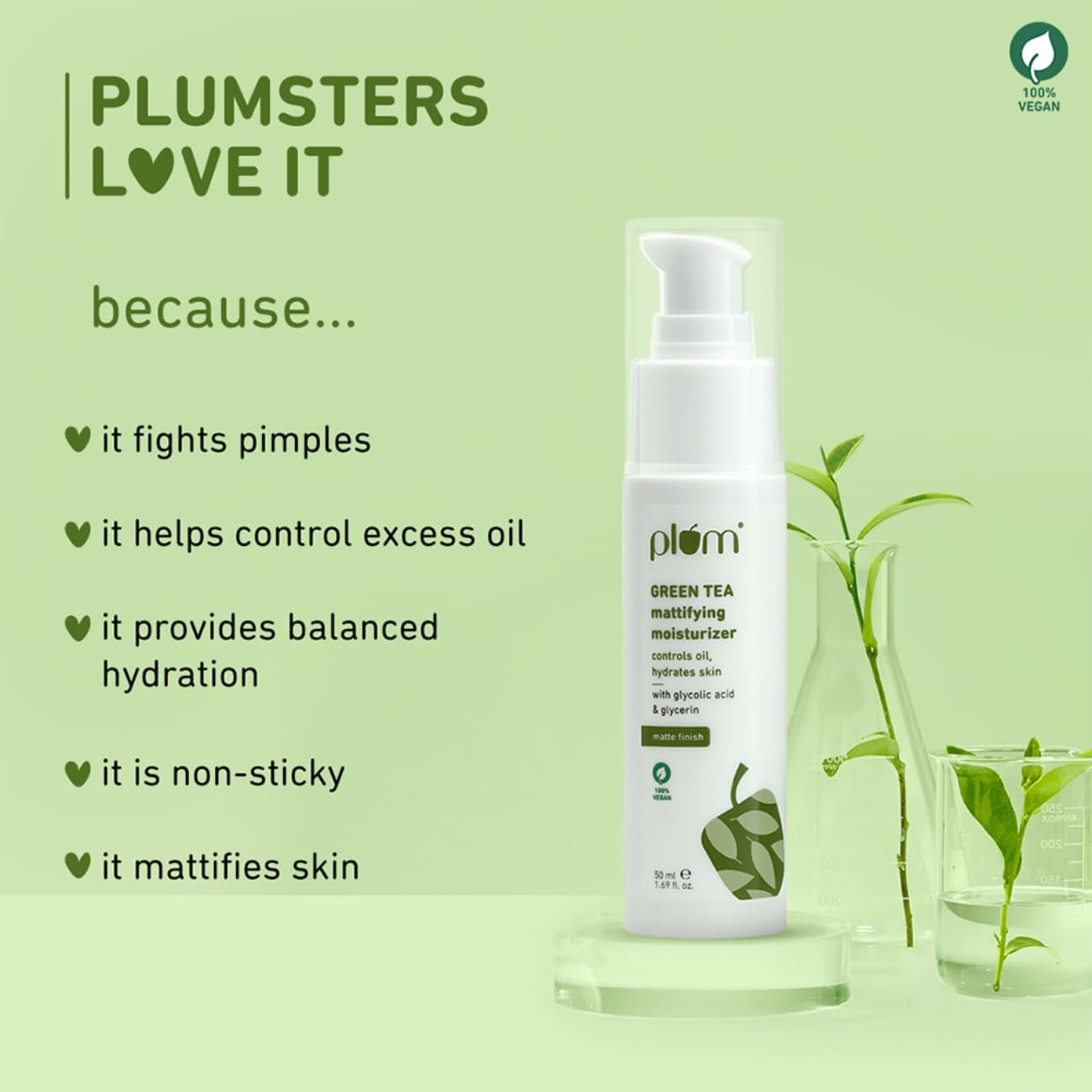 Plum Green Tea Mattifying Face Moisturizer with Glycolic acid 50ml | Controls Oil & Hydrates Skin | Non-Sticky Moisturizer for Women & Men | 50ml - Image 2