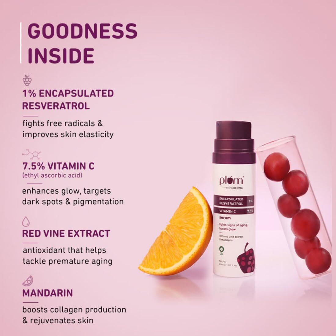 Plum 1% Encapsulated Resveratrol & 7.5% Vitamin C Face Serum | Fights Signs of Ageing | Boosts Collagen Production | Enhances Glow | Lightweight & Quick-absorbing | 100% Vegan | 30 ml - Image 3