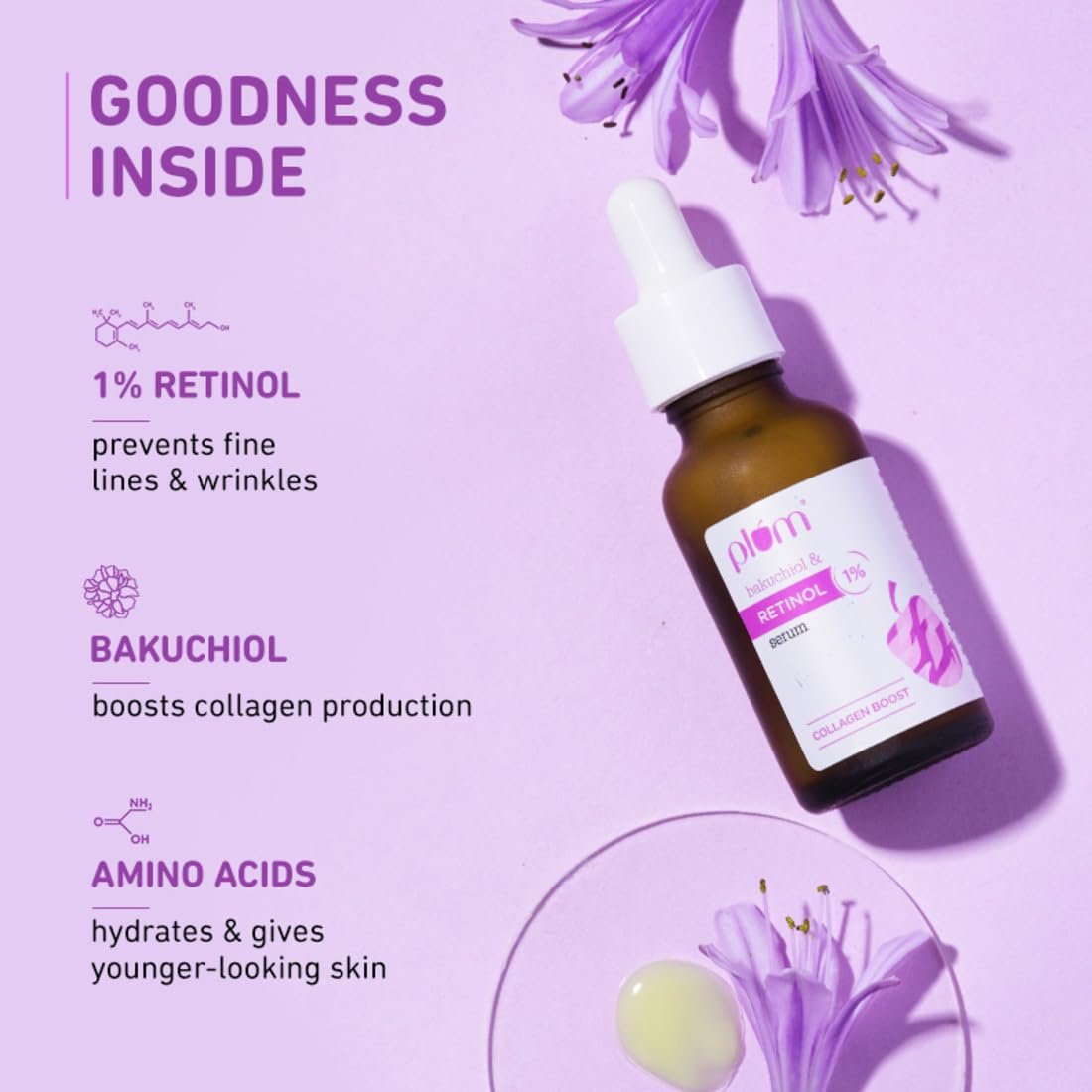 Plum 1% Retinol Advanced Anti Aging Night Face Serum with Bakuchiol | Boosts Collagen, Reduces Fine Lines & Wrinkles | Retinol Serum for Face | for Women & Men | Suits All Skin Types | 20ml - Image 3