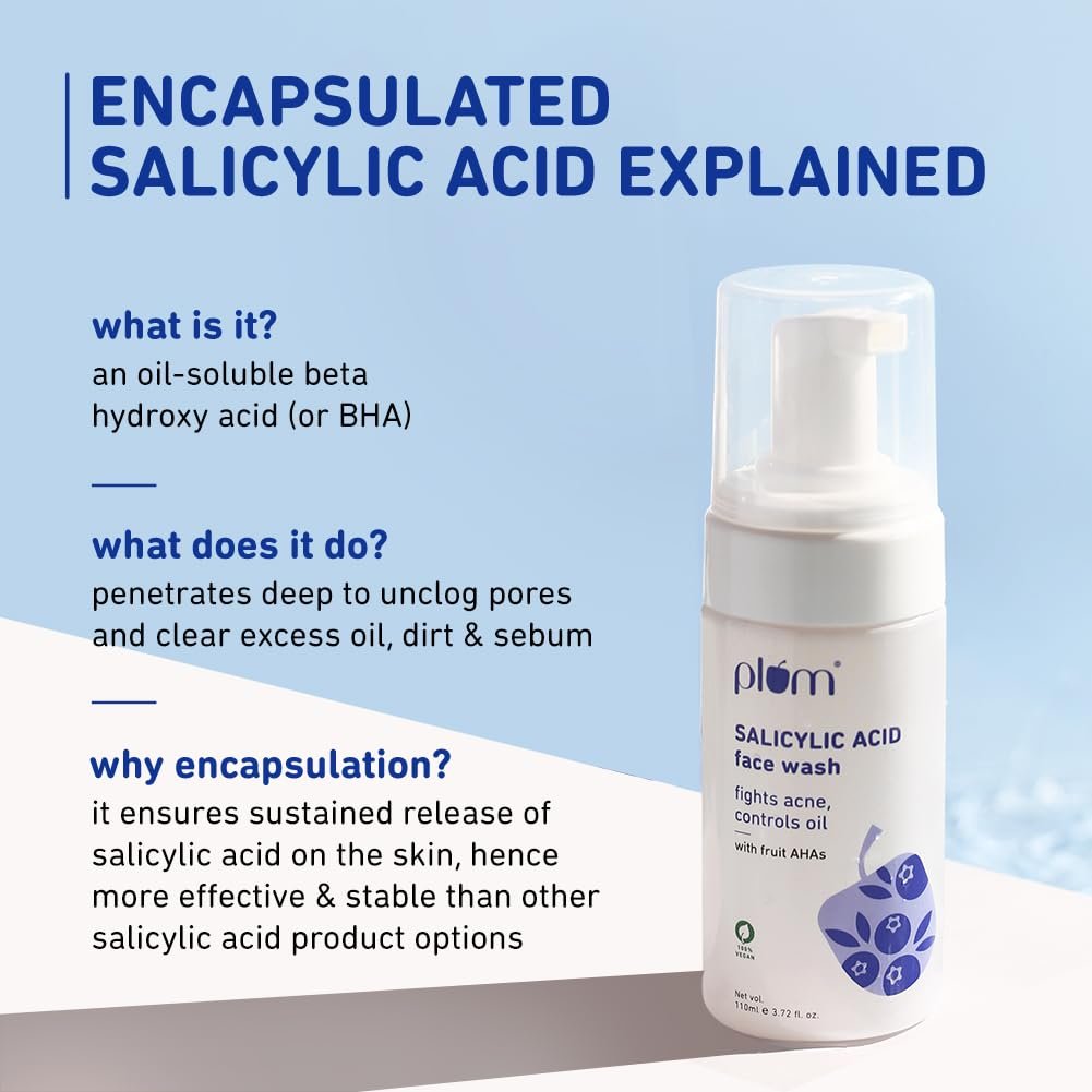 Plum 1% Encapsulated Salicylic Acid Foaming Face Wash | Fights Active Acne, controls oil & deep cleanses pores | with Glycolic Acid & Fruit AHAs | All Skin Types | Face Cleanser for Women & Men | 110ml - Image 7