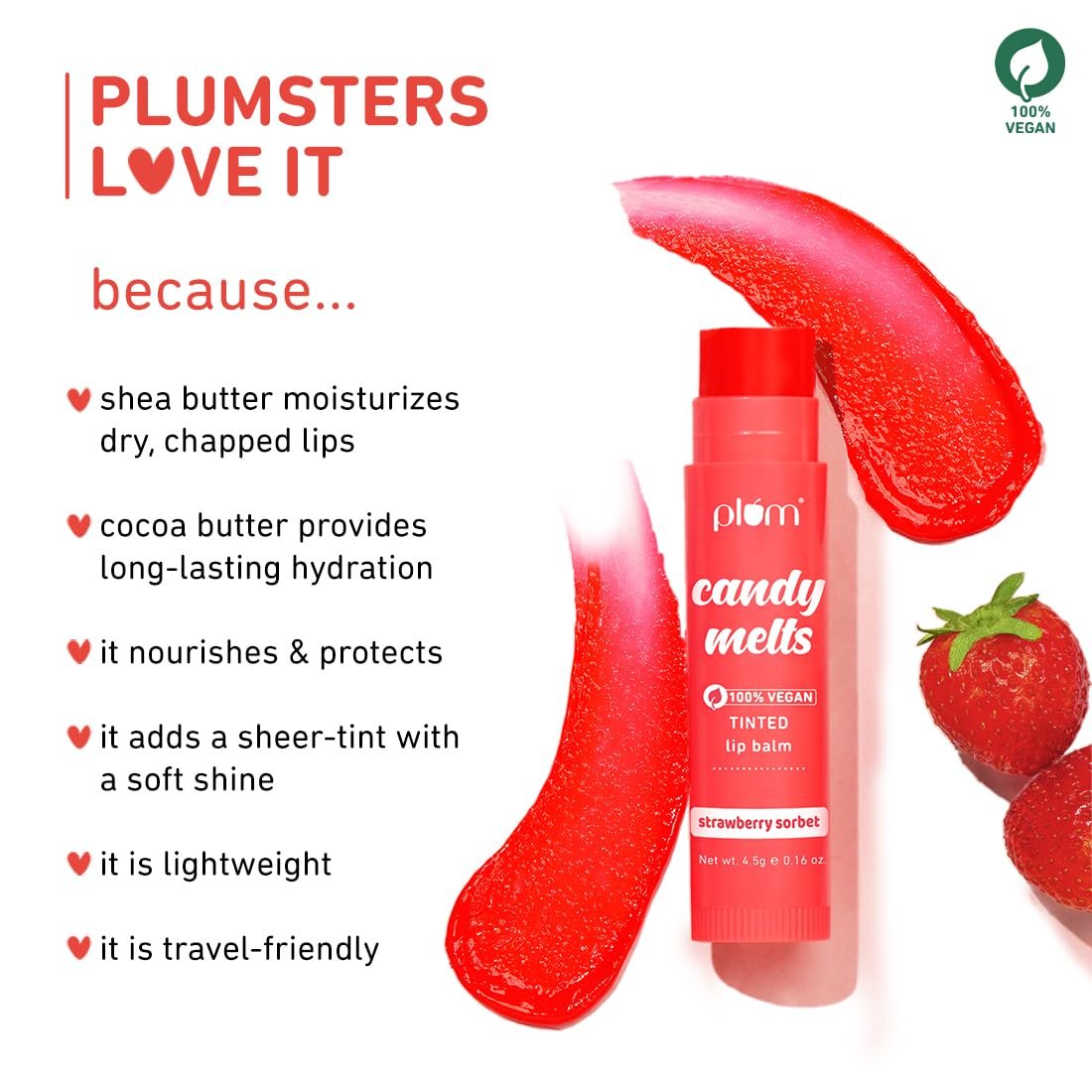 Plum Candy Melts Strawberry Sorbet Tinted Lip Balm | Moisturizes & Nourishes | Hydrates Dry & Chapped Lips | 100% Vegan | 4.5g - Image 2