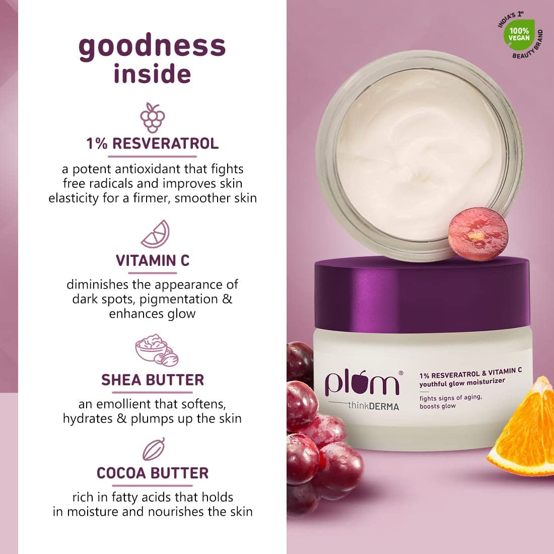 Plum 1% Resveratrol & Vitamin C Youthful Glow Moisturizer Cream | Fights Signs Of Ageing | Enhances Collagen Production | Boosts Glow | Lightweight & Quick-Absorbing | 100% Vegan | 50G - Image 2