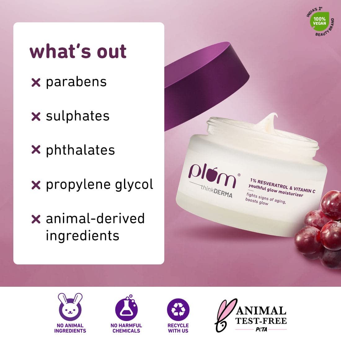 Plum 1% Resveratrol & Vitamin C Youthful Glow Moisturizer Cream | Fights Signs Of Ageing | Enhances Collagen Production | Boosts Glow | Lightweight & Quick-Absorbing | 100% Vegan | 50G - Image 3