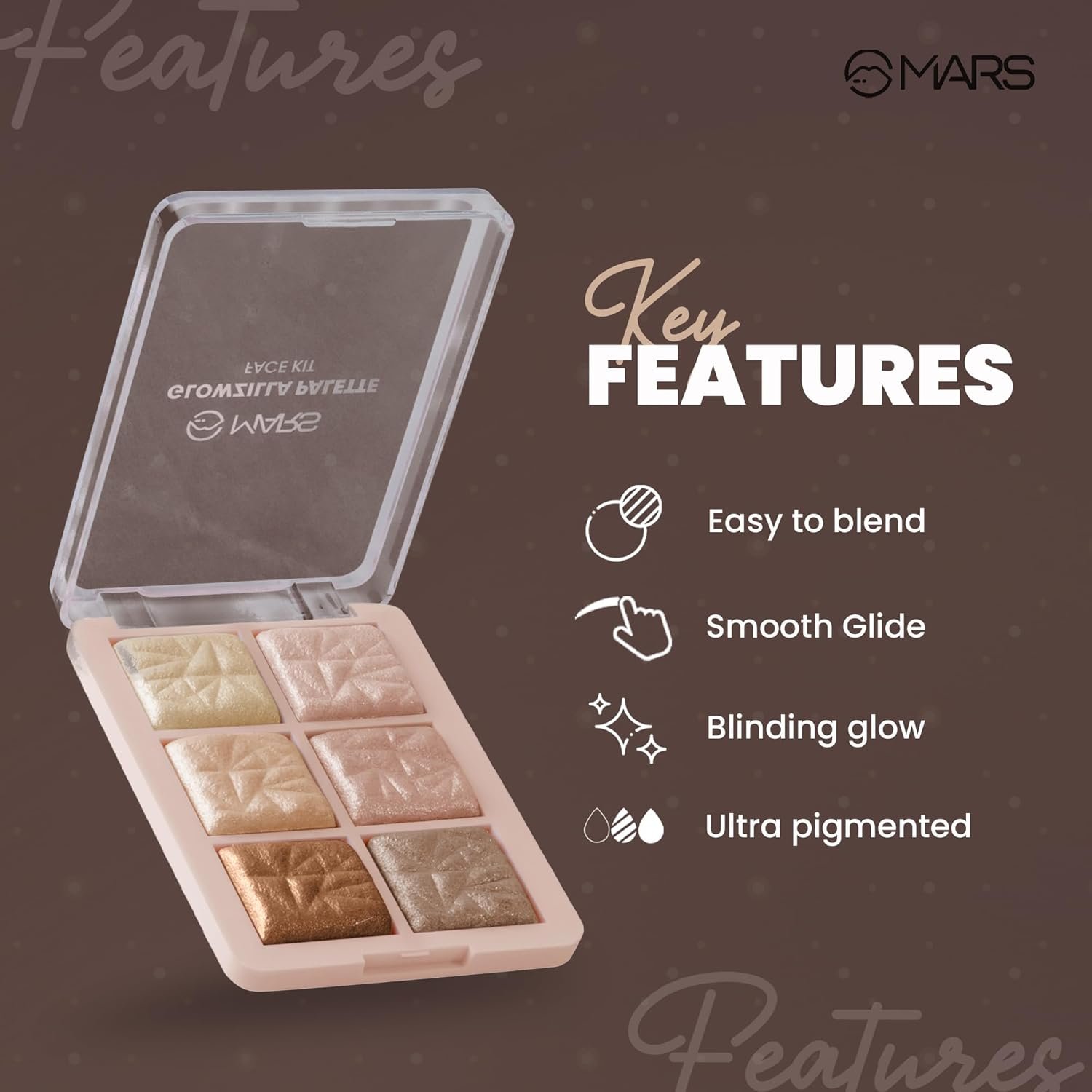 MARS Glowzilla 6 Colour Highlighter Palette | Ultra Blendable & Long Lasting | Blinding Glow (12.0gm) (Shade-01)