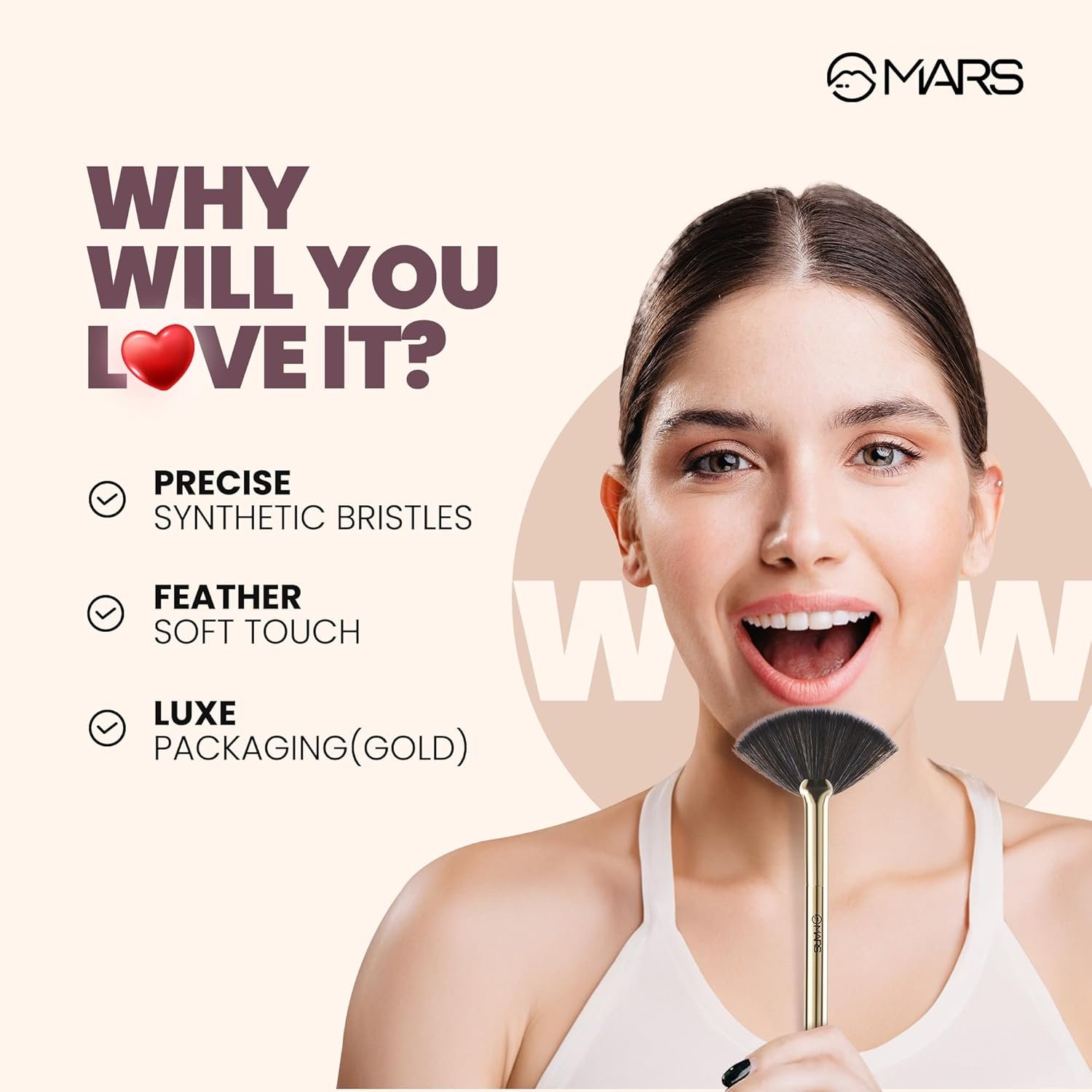 MARS Artist’s Arsenal Professional Fan Brush For Face Highlighting | Precise Synthetic Brushes | Feather Soft Touch | Perfect For Highlighting | Luxe Packaging Makeup Brush (Golden)