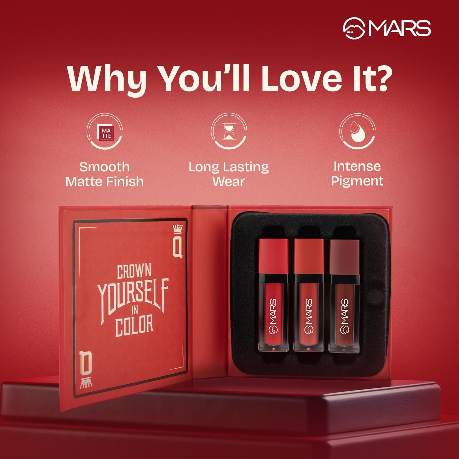 MARS Queen of Mattes Lipstick Valentine Gift Items Box Set, 3 x 4.5 ml, Smudgeproof, Transferproof, Intense Pigmentation, Long-Lasting (ALL ROUNDER) - Image 4