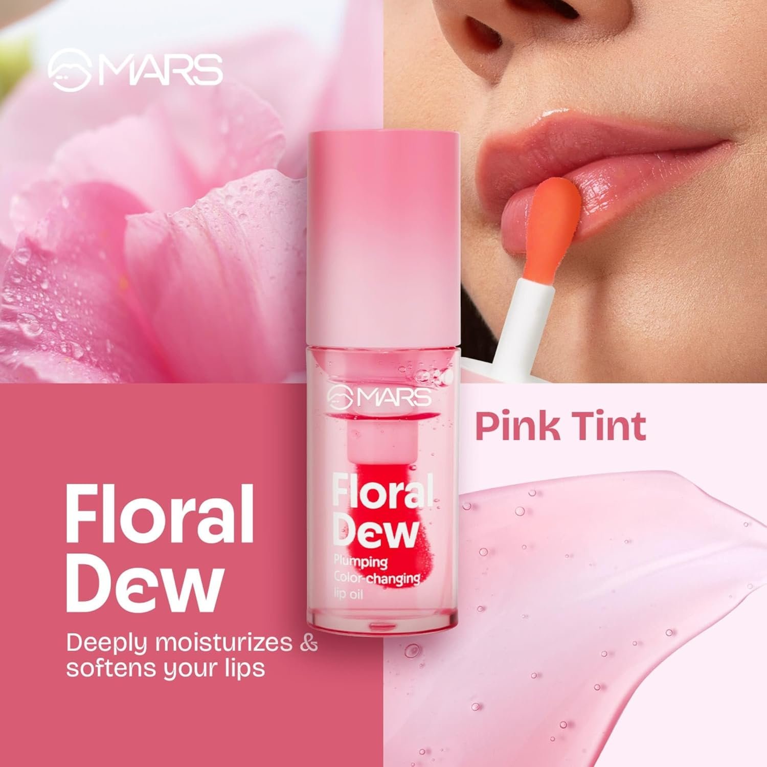 MARS Plumping Color Changing Lip Oil (4.5ml) (FLORAL DEW) With Fat Applicator | Skin Nourishing Ingredients – Olive Fruit Oil, Jojoba Oil | Hydrating & Moisturising | Plumping Effect