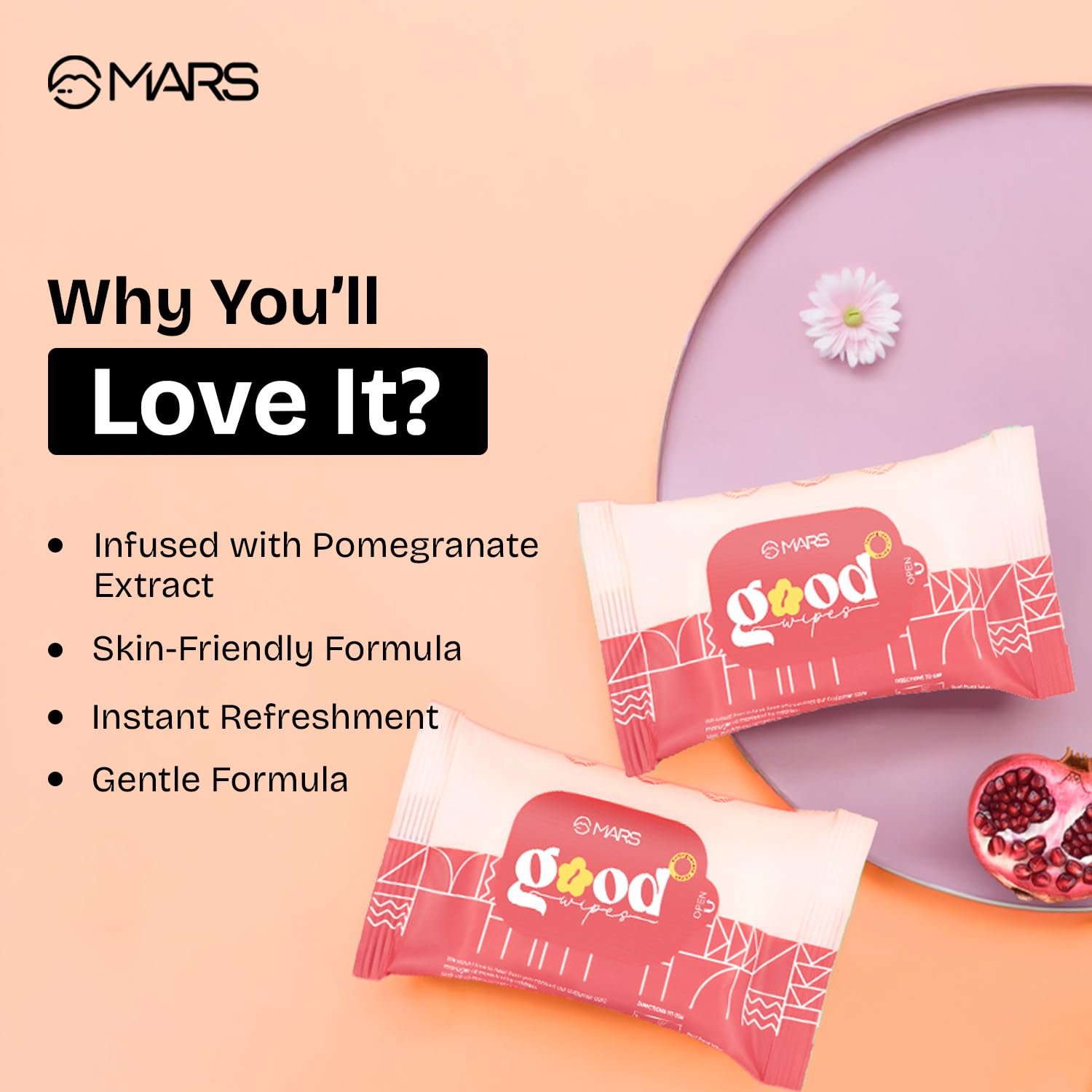 MARS Good pH Balance Refreshing Wipes (10 Wipes) | Pomegranate Tea Extract | Hydrated & Glowing Skin On-The-Go | Removes Light Makeup | Skin Friendly