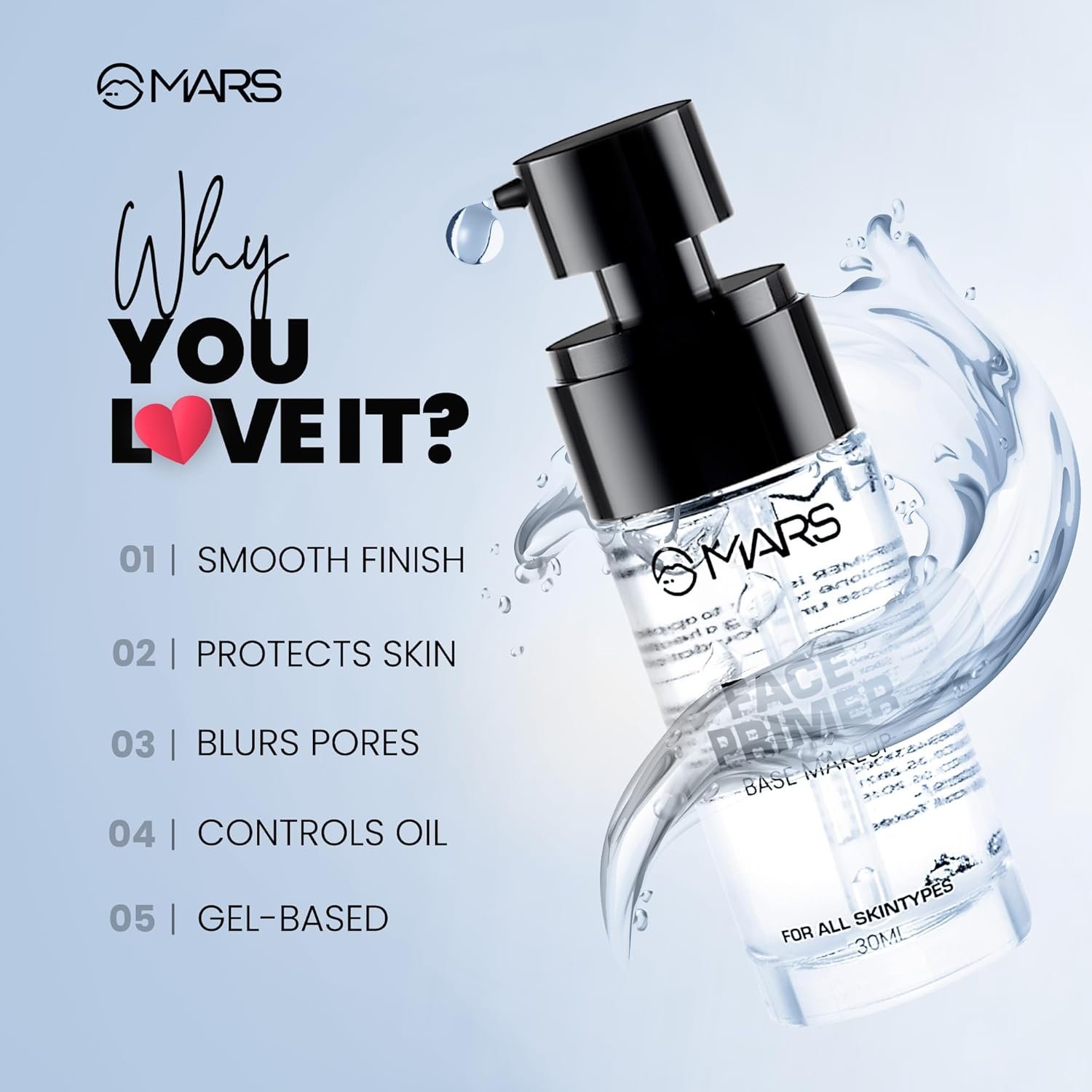 MARS Primer for Face Makeup For All Skin Types | Perfectly Blurs Pores, Wrinkles and Fine Lines | Oil Control | Lightweight Texture (30ml)