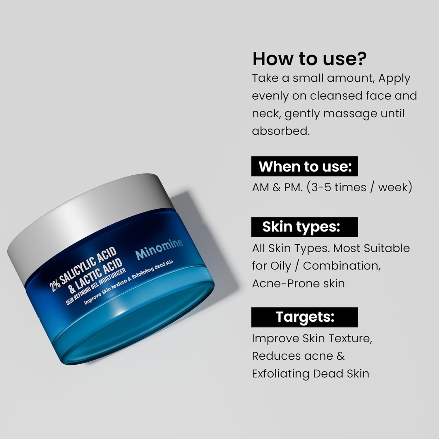 2% Salicylic Acid & Lactic Acid Refining Face Gel Moisturizer | Fights Acne | Improves Skin Texture & Exfoliating Dead Skin | Lightweight Gel-based | Normal, Oily and Acne, 50gm
