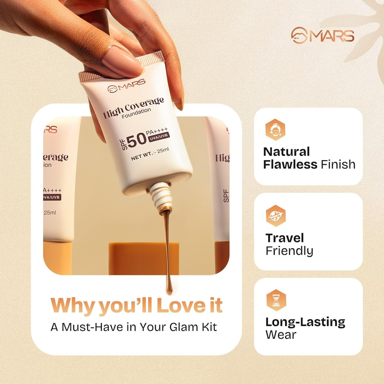 MARS High Coverage Foundation SPF50 PA++++UVA & UVB Protection, Lightweight, Suitable for All Skin Types(03-Natural Beige), 25Ml