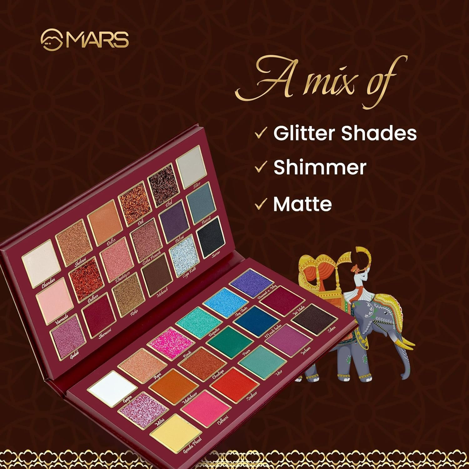 MARS Jashn-e-Shringaar 36 Color Eyeshadow Palette | Matte, Shimmer & Glitter Shades | Highly Pigmented Party Palette (36.0 gm) (Multicolor) - Image 2