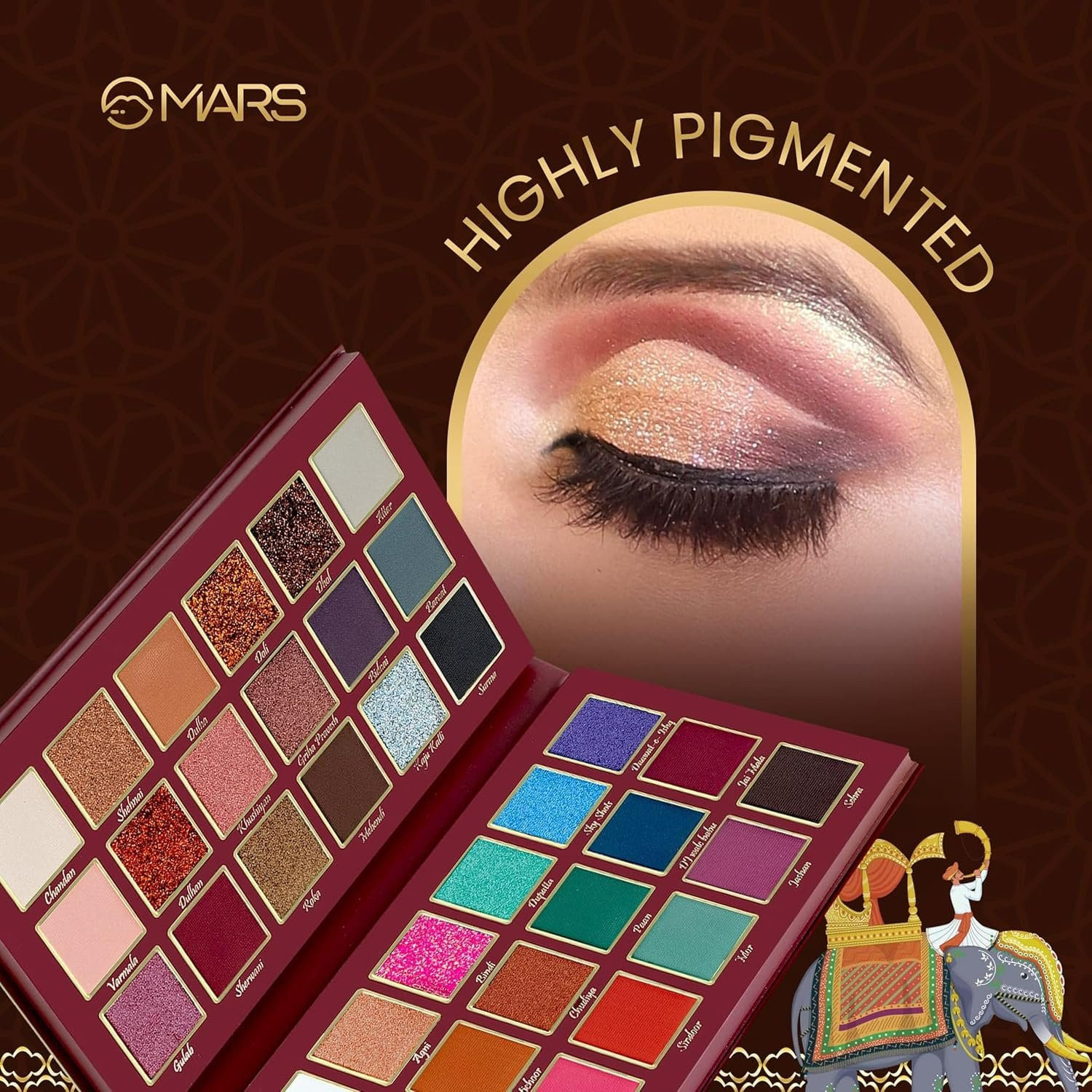 MARS Jashn-e-Shringaar 36 Color Eyeshadow Palette | Matte, Shimmer & Glitter Shades | Highly Pigmented Party Palette (36.0 gm) (Multicolor) - Image 4