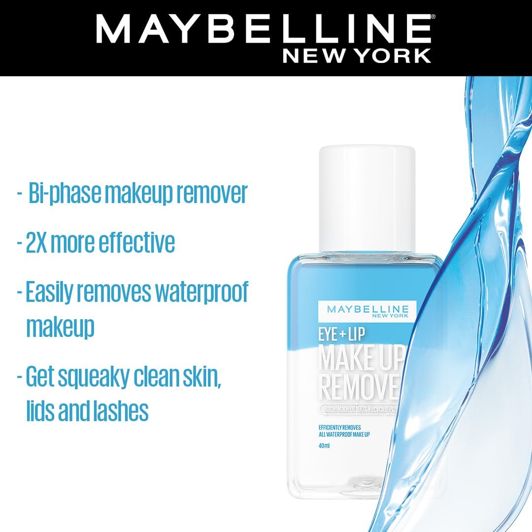 Maybelline New York Biphase Eye + Lip Makeup Remover, 2X More Effective and Fragrance Free Easy to Use Makeup Remover, Water-proof Make-up Remover With Addition of Pro-Vitamin B5 | 40 ml - Image 2