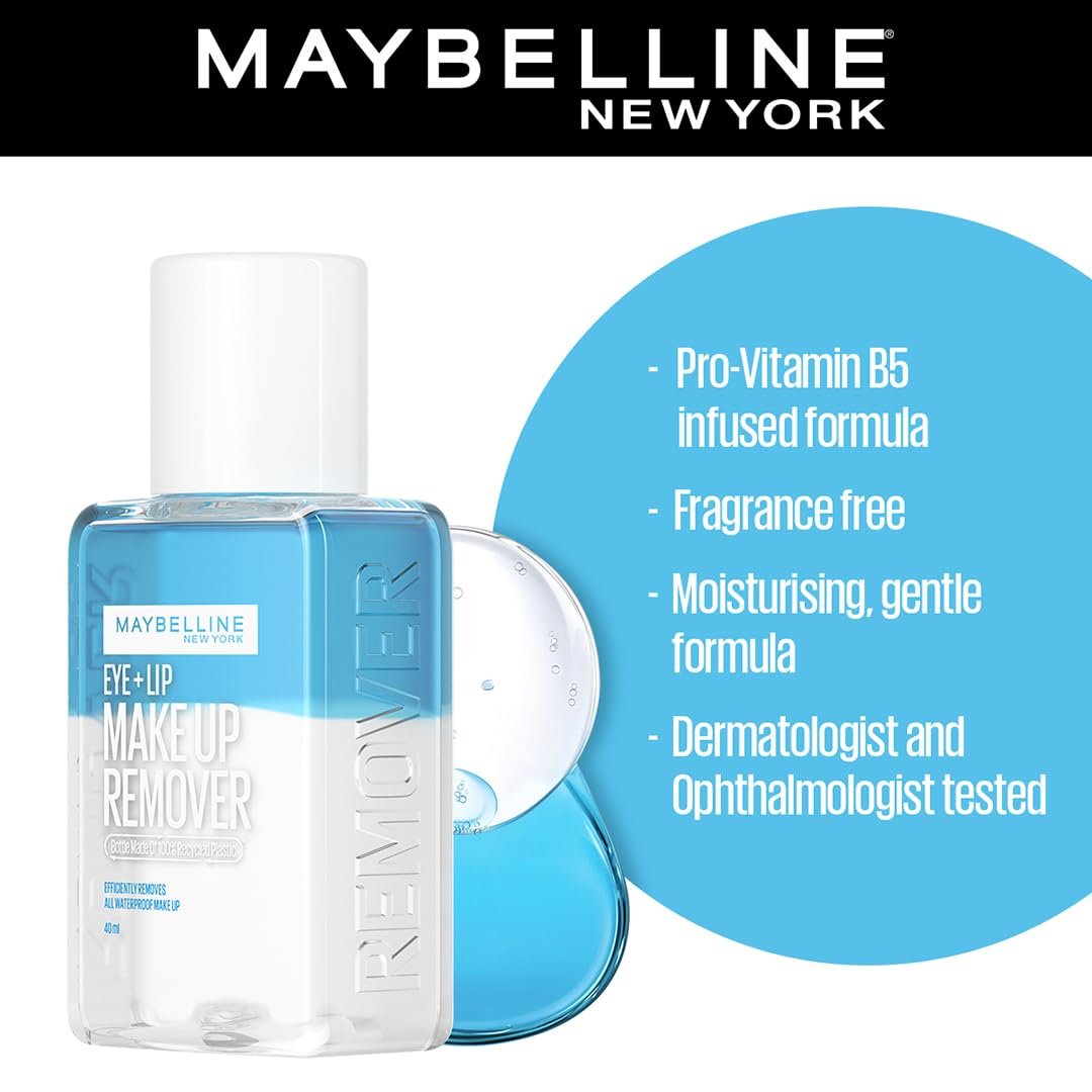 Maybelline New York Biphase Eye + Lip Makeup Remover, 2X More Effective and Fragrance Free Easy to Use Makeup Remover, Water-proof Make-up Remover With Addition of Pro-Vitamin B5 | 40 ml - Image 3