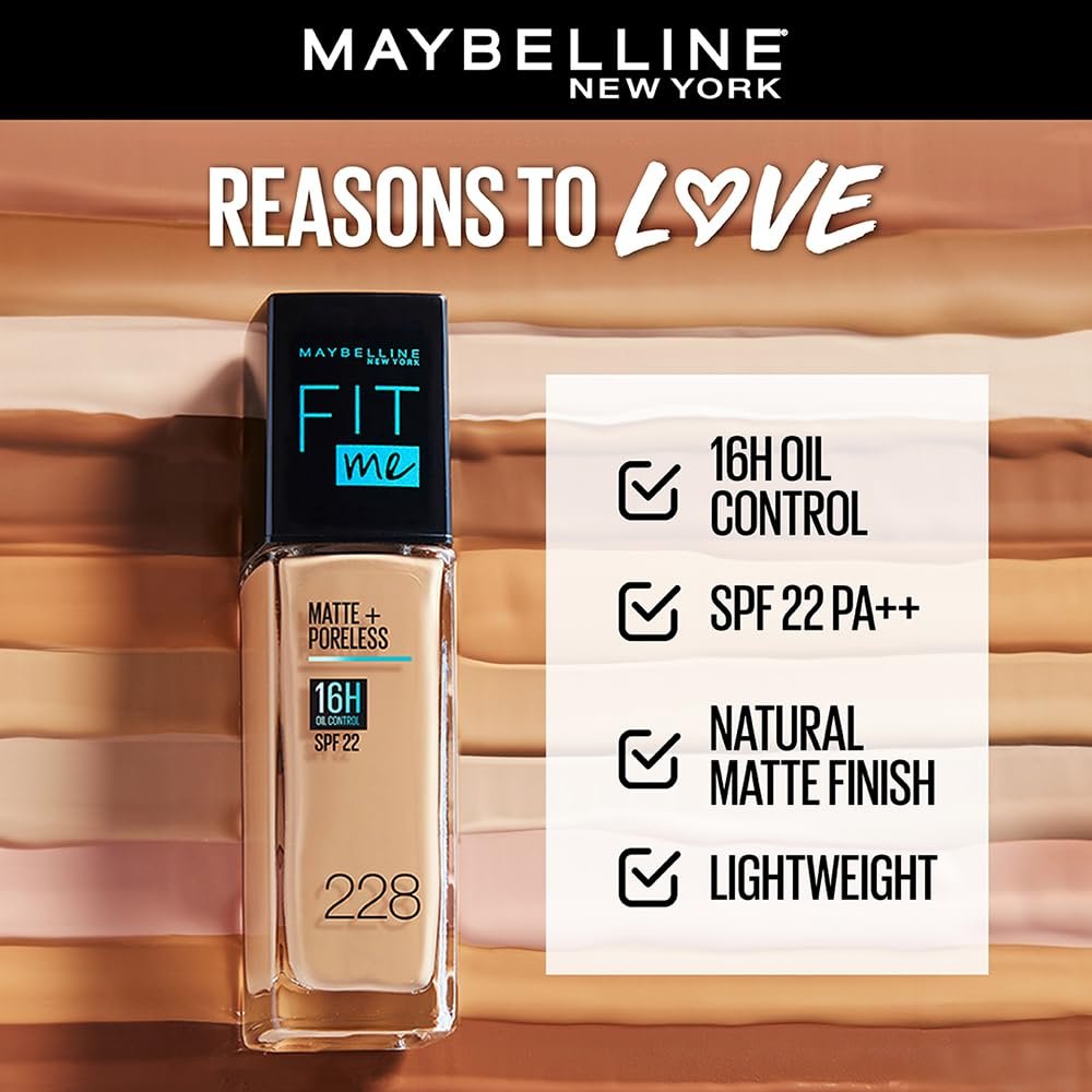 Maybelline New York Liquid Foundation For All Skin Type,Full Matte Finish, With SPF, Absorbs Oil, Fit Me Matte + Poreless, 128 Warm Nude, 30 Ml - Image 2