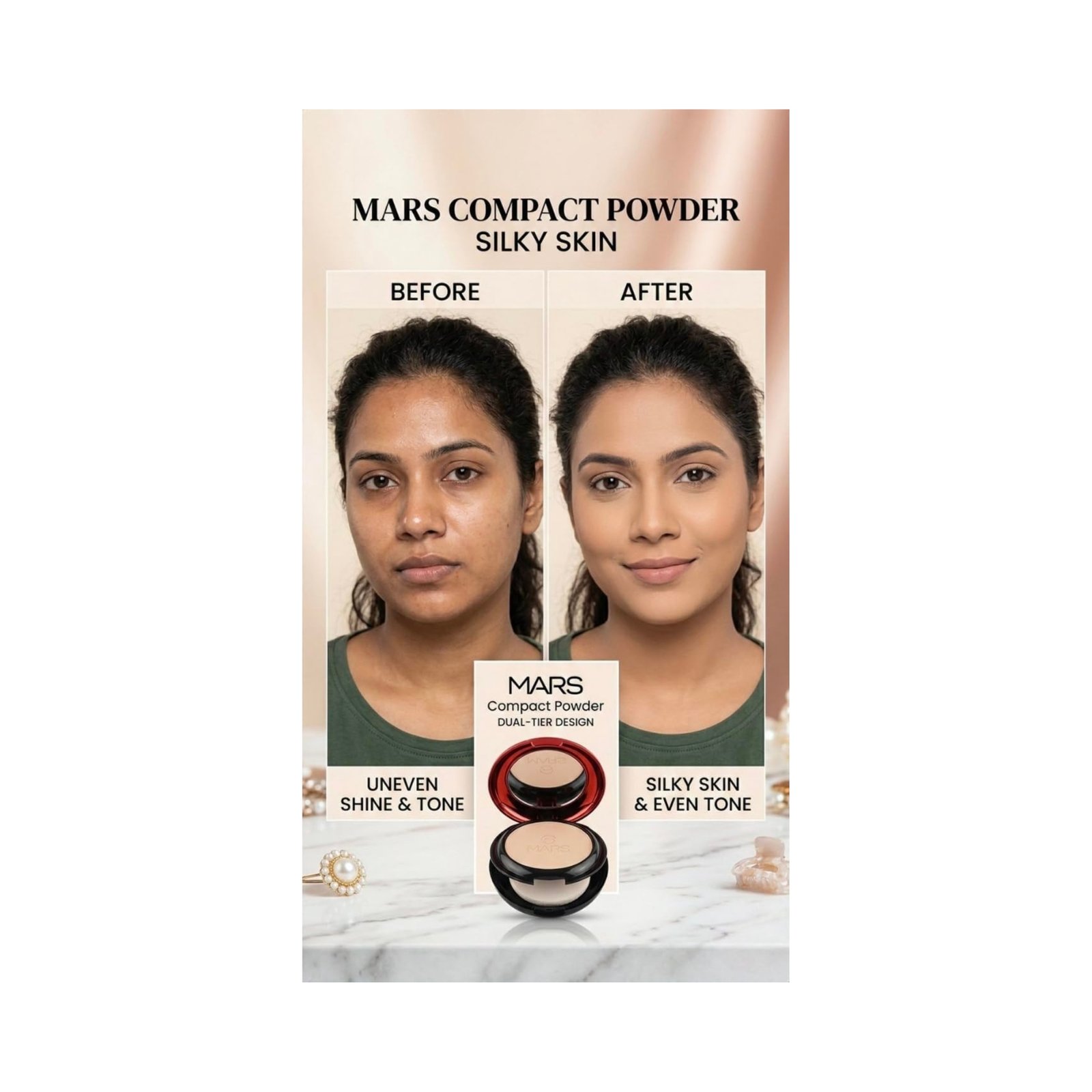 Premium Silky Skin Mars 2-in-1 Compact Powder - Long Lasting Matte Finish with Built-in Puff & Mirror | Oil Control & Pore Blurring Face Powder for Wedding, Travel - Image 2
