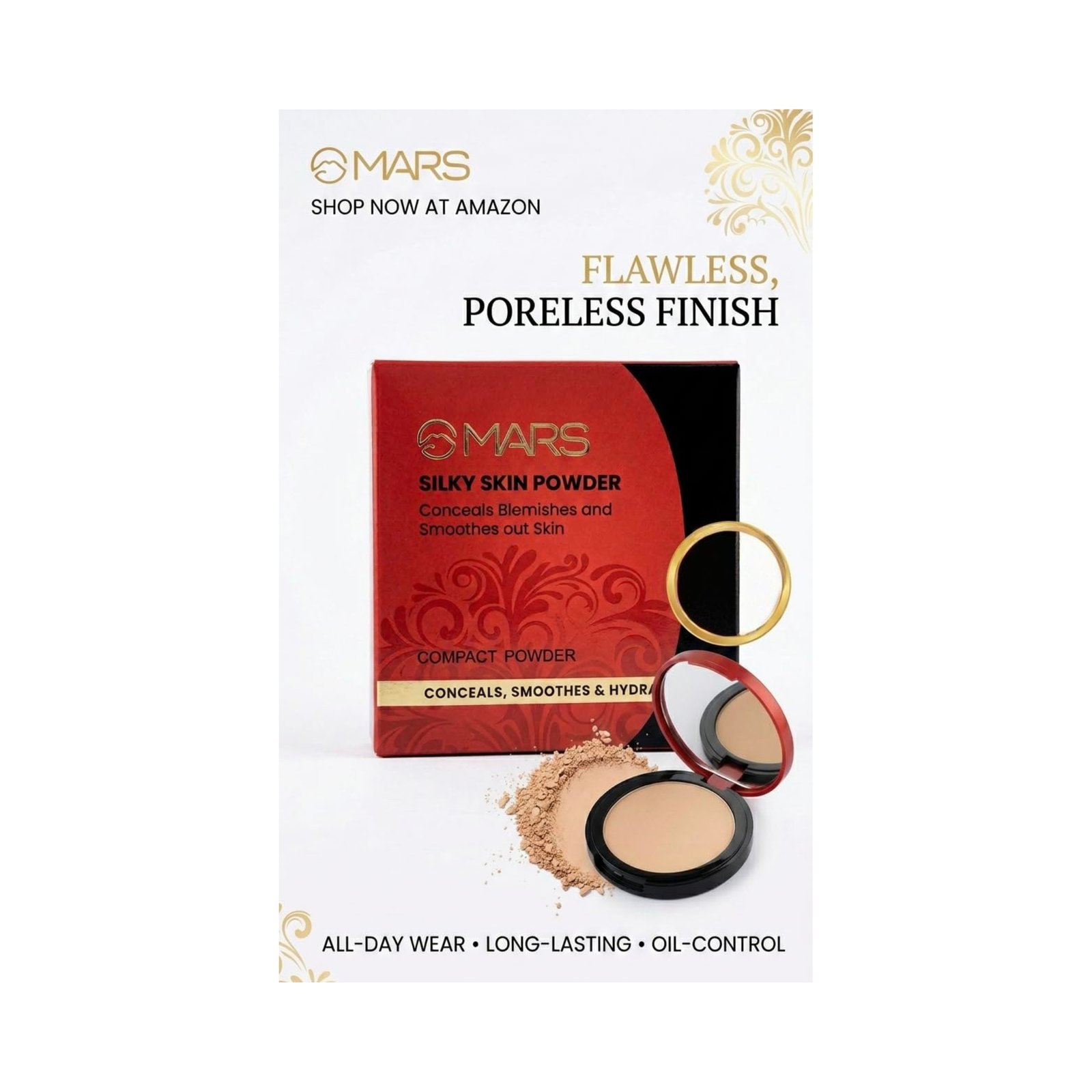 Premium Silky Skin Mars 2-in-1 Compact Powder - Long Lasting Matte Finish with Built-in Puff & Mirror | Oil Control & Pore Blurring Face Powder for Wedding, Travel - Image 3