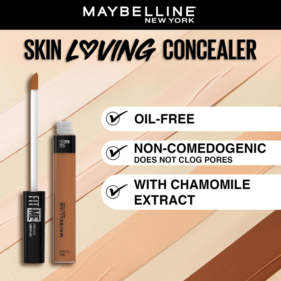 Maybelline New York Fit Me Concealer, Oil free Liquid Concealer conceals dark circles, redness, flaws, and blemishes. Fit Me Liquid Concealer suits oily skin & dry skin – Cafe|6.8ml