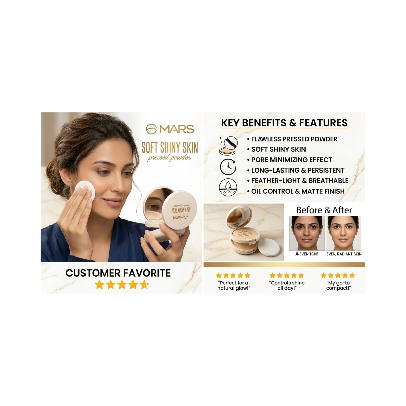 Premium Wonder Powder and Soft Shiny Skin Pressed Powder Combo - 2-in-1 Dual Tier Compact with Puff & Mirror | Long Lasting, Matte & Radiant Finish | Lightweight Face Makeup for All Skin Types (Soft Shiny Skin) - Image 4