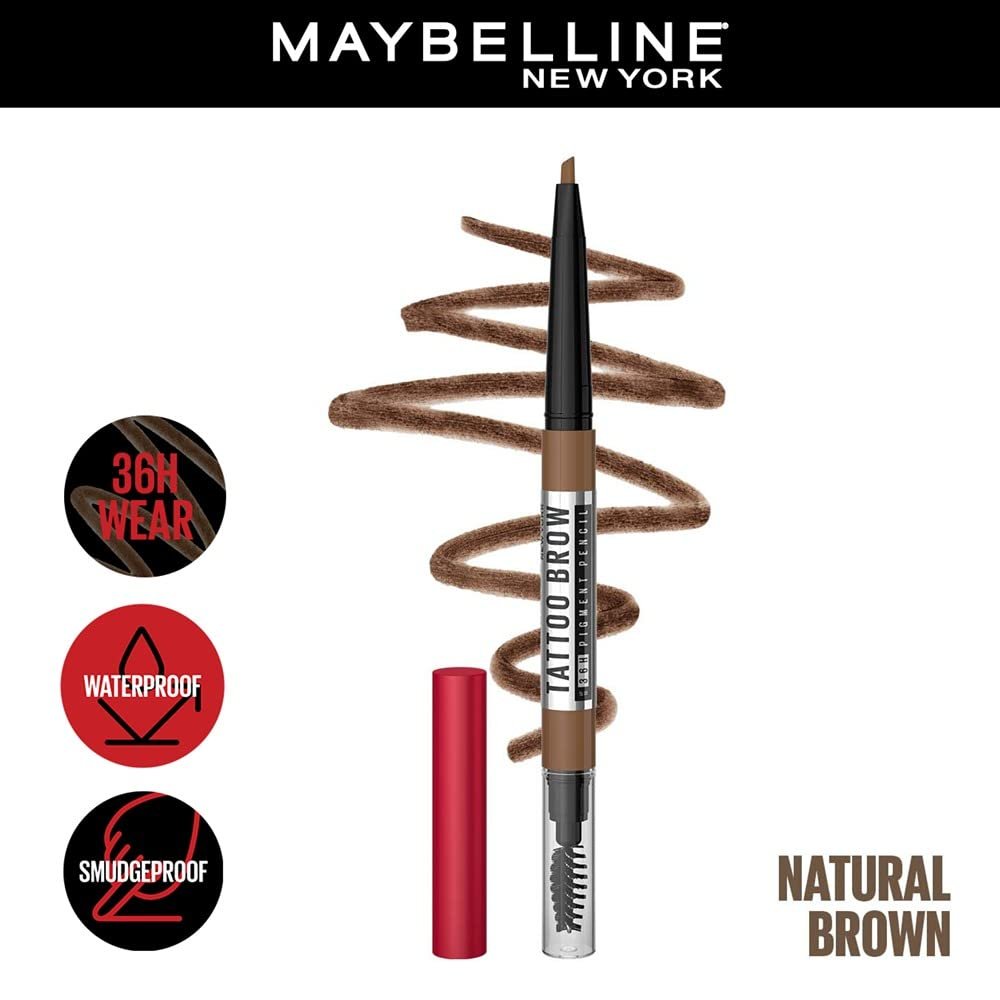 Maybelline New York Tattoo Brow 36h Brow Pencil – Natural Brown, Creamy Powder Texture, Precision Tip. Maybelline New York Tattoo Brow Eyebrow Pencil Lasts Up To 36Hr, Smudge & Water-proof | 0.25 g