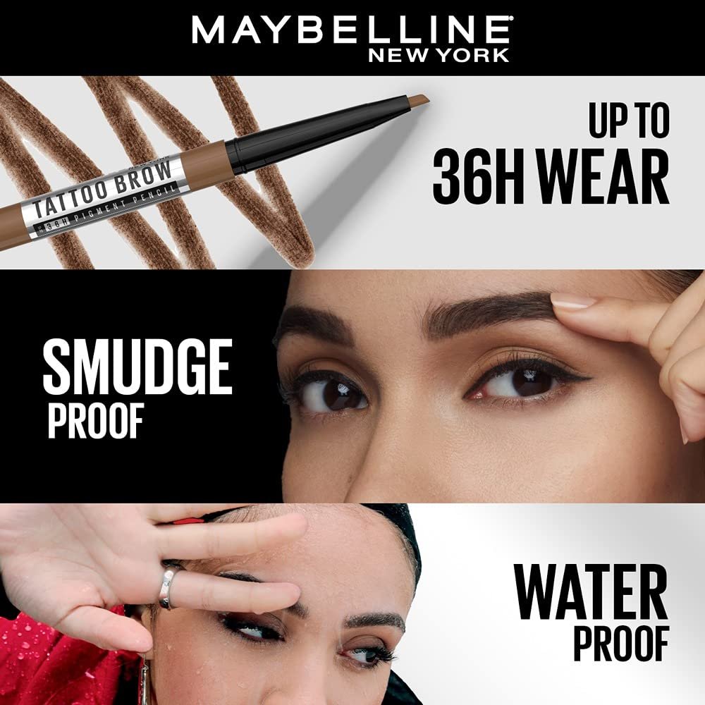 Maybelline New York Tattoo Brow 36h Brow Pencil - Natural Brown, Creamy Powder Texture, Precision Tip. Maybelline New York Tattoo Brow Eyebrow Pencil Lasts Up To 36Hr, Smudge & Water-proof | 0.25 g - Image 4